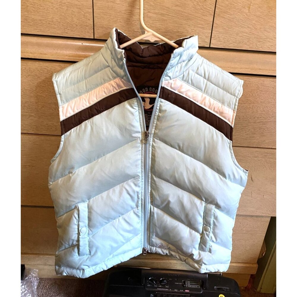 Good Goose Brown Blue Puffer Jacket Down Fill Colorblock Women's Large Zip Vest